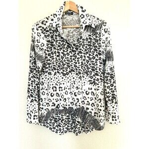 David Cline Black White 3/4 Sleeve Snap Top Shirt Soft Leopard Small